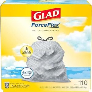 Glad ForceFlex Tall Kitchen Drawstring Trash Bags, 13 Gal, Fresh Clean, 110 Ct, Pack May Vary